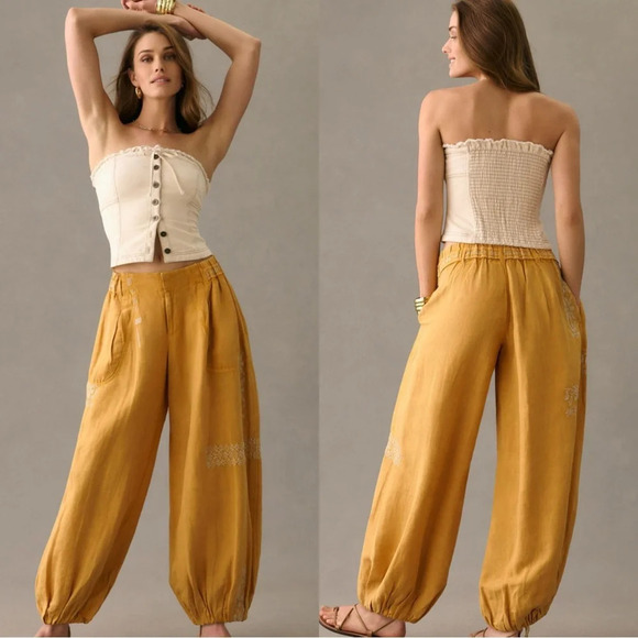 NWT By Anthropologie Embroidered Parachute Pants Linen Blend Boho Mango Mojito L
